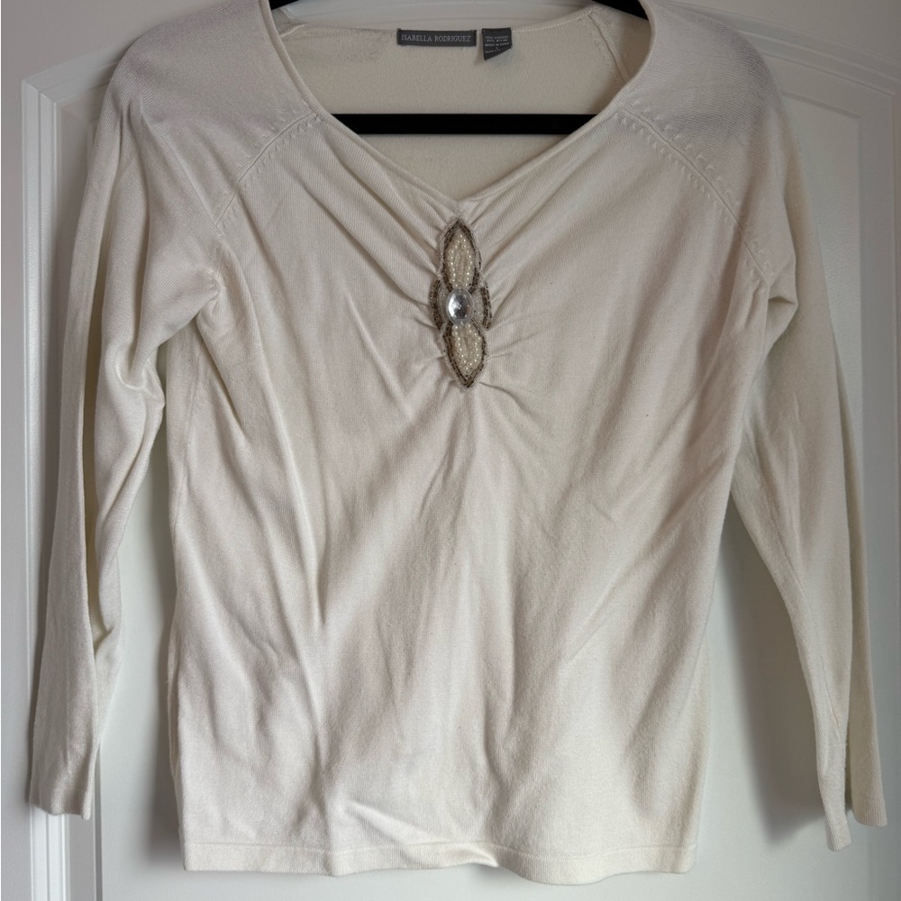 Isabella Rodriguez Cream Embellished Fitted Blouse